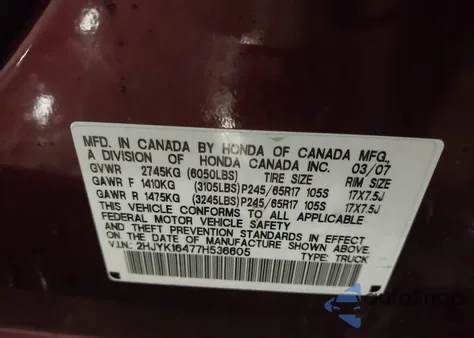 2007 Honda Ridgeline Rts z USA, uszkodzony, nr VIN 2HJYK16477H536605